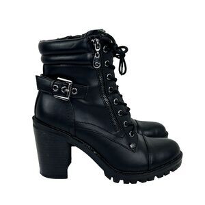 GBG Guess Jaydyn  Lace Up Ankle Boots Combat Heeled  w/ Zip & Buckle Black 8 EUC